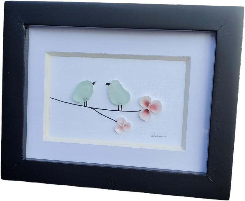 Handmade Mini Seaglass Birds on a branch with tiny pink shell flowers. Authentic Seaglass, Made in Maine, Small frame with glass. 3 1/2 by 4 inch framed art Sea Glass with pink shells - Image 2